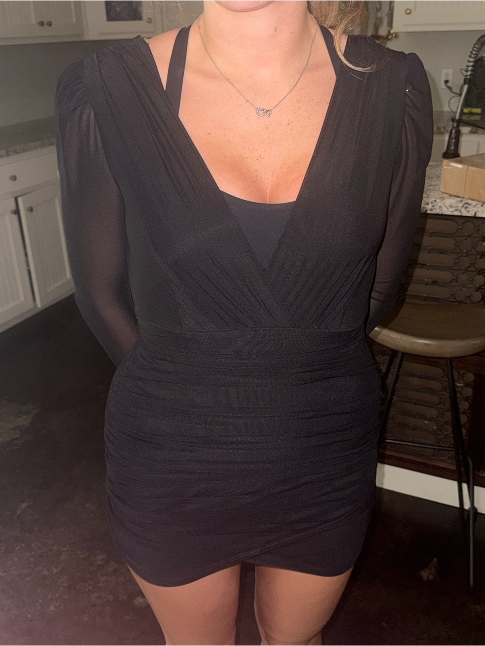 Elegant Black V-Neck Long Sleeve Bodycon Dress size small